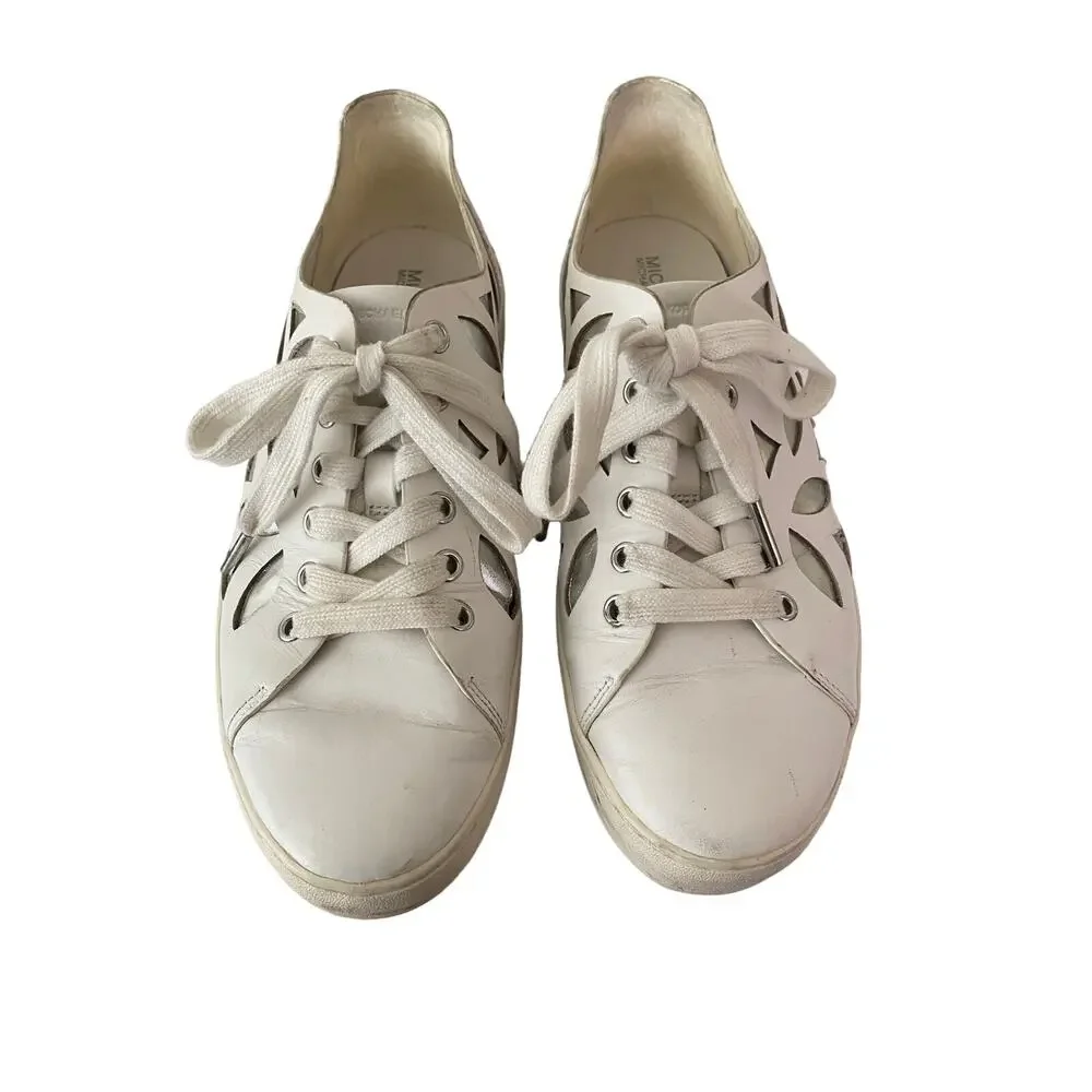 Michael Kors White Leather Platform Mimi Sneakers Size 8 Floral Casual Metallic